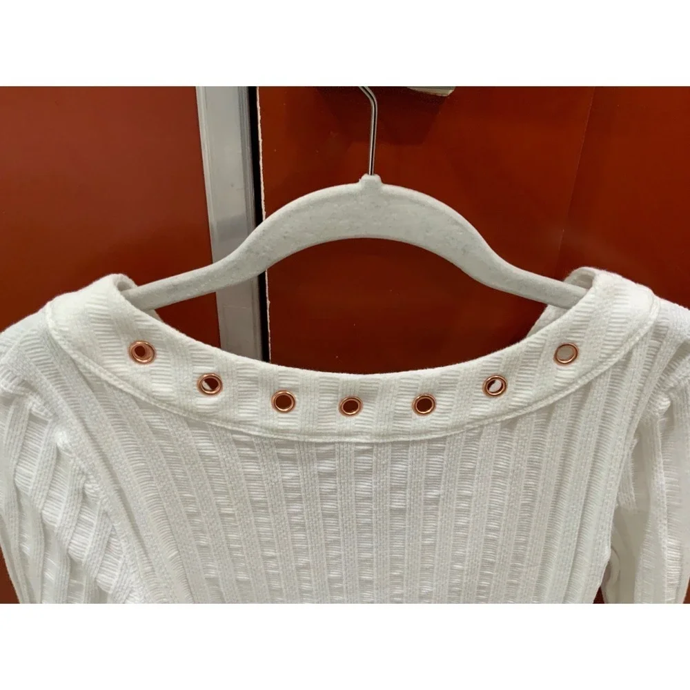 Free People White Ribbed Lace Up Long Sleeve Top Shirt Metal Eyelets M